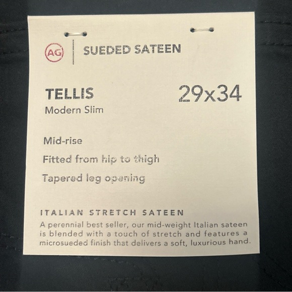 NWT $198 AG Tellis Modern Slim Fit Sueded Stretch Sateen Pants 29/34 Navy Blue